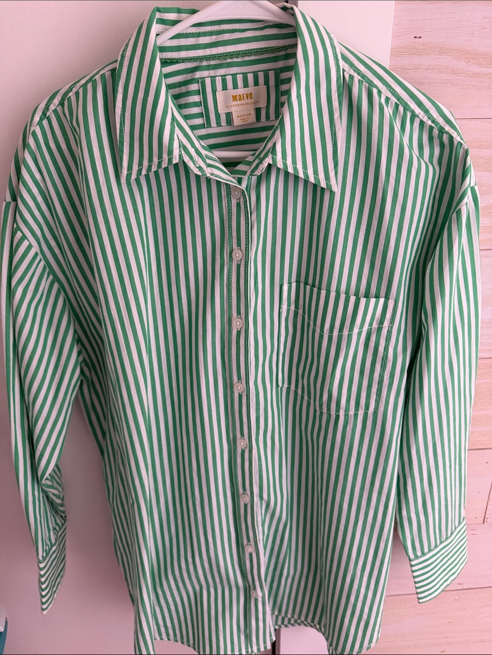 Anthropologie Maeve Green and White Bennett Striped Button-Down - Picture 3 of 5